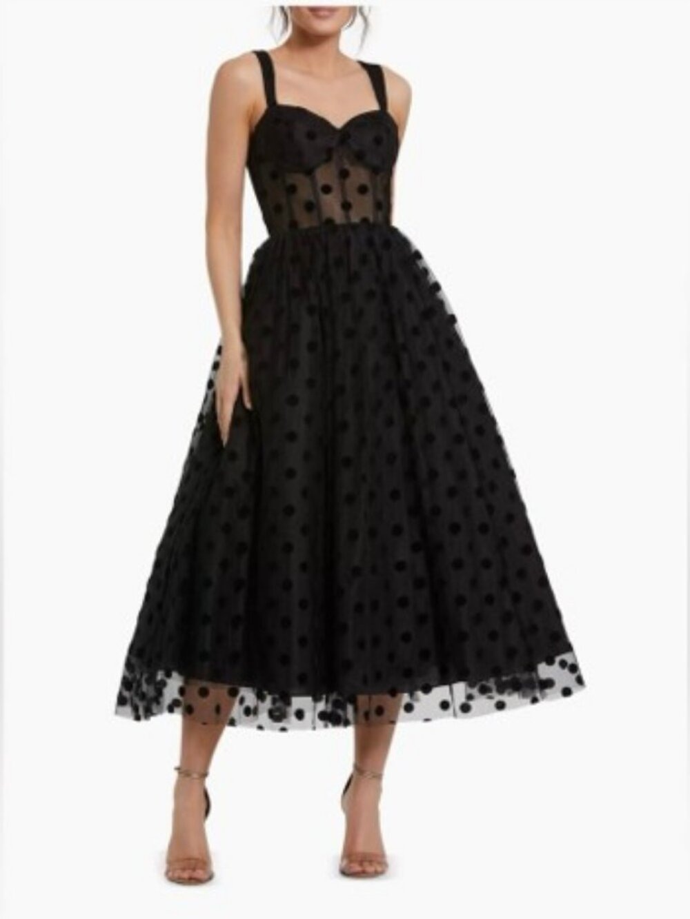 Ieena for Mac Duggal Polka Dot Tulle A-Line Midi Dress Black 4